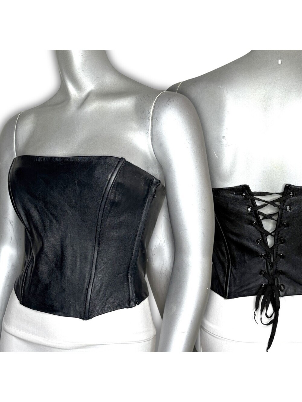 Vintage 00s Express Genuine Leather Corset Top 3/4 Black Strapless Lace Up Y2K
